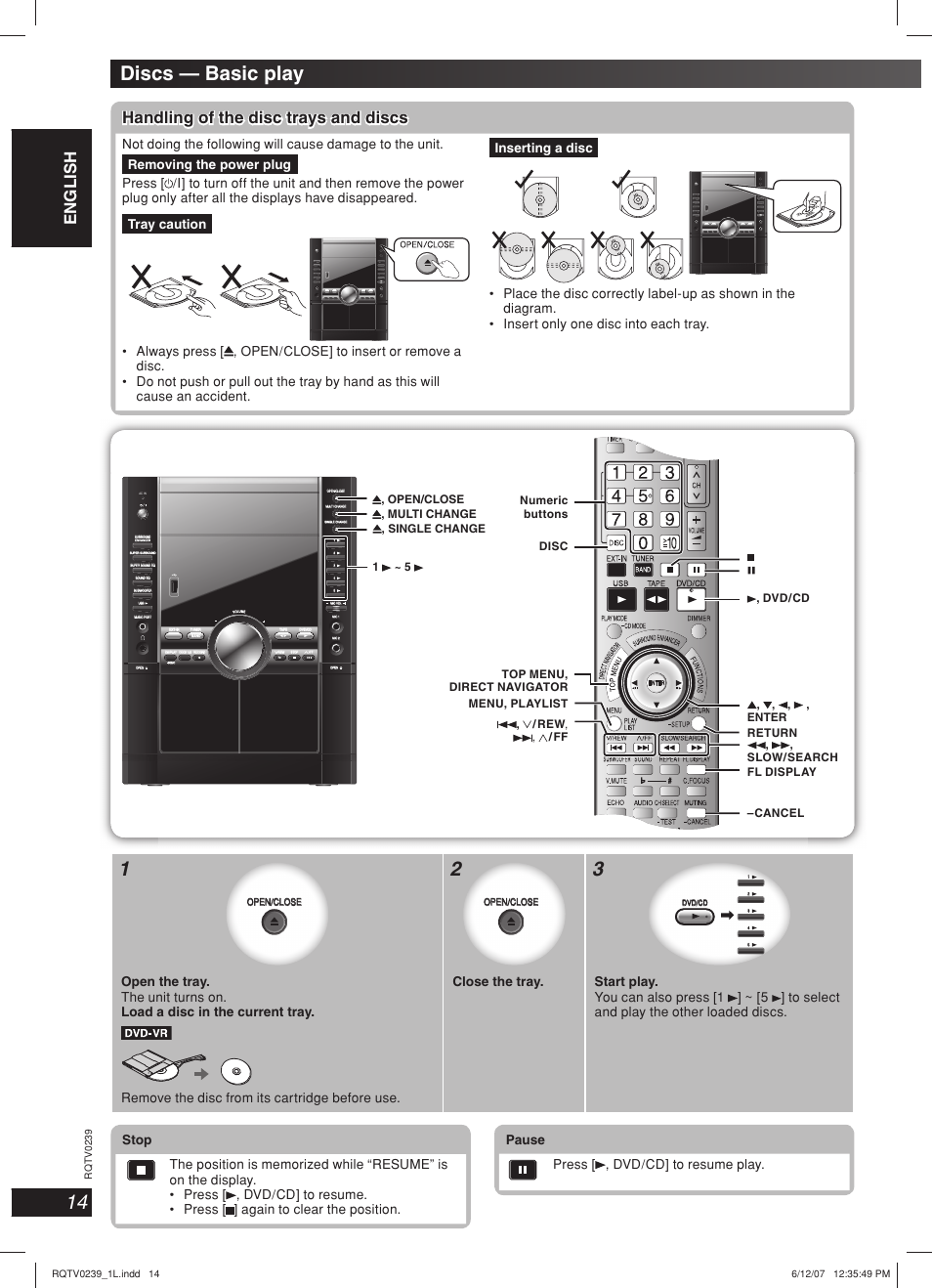 Discs — basic play, Lang - 5 lang - 4 français dansk english, Handling of the disc trays and discs | Stop | Panasonic SC-VK960 User Manual | Page 14 / 40