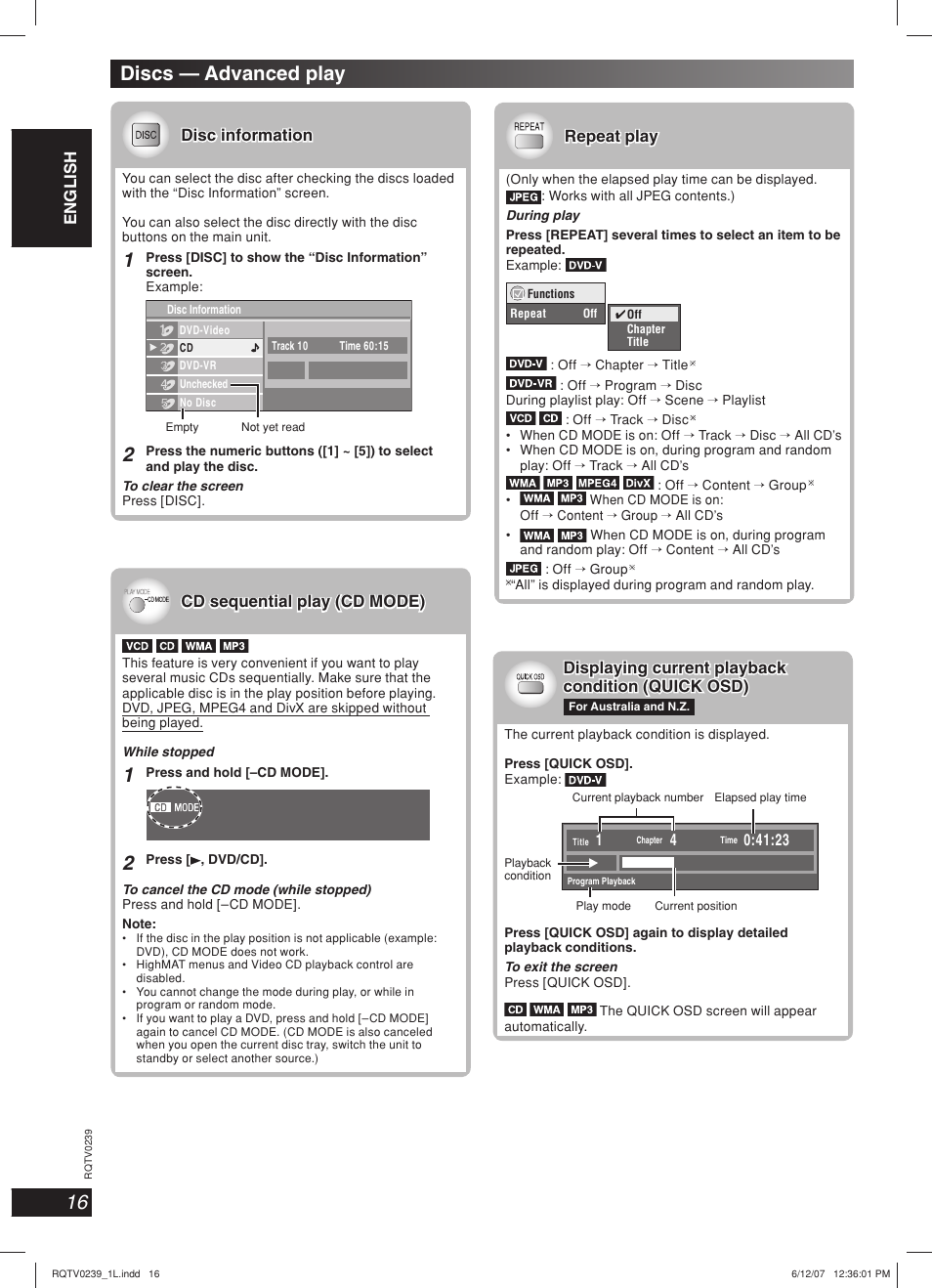 Discs — advanced play, Lang - 5 lang - 4 français dansk english, Cd sequential play (cd mode) | Disc information, Repeat play | Panasonic SC-VK960 User Manual | Page 16 / 40