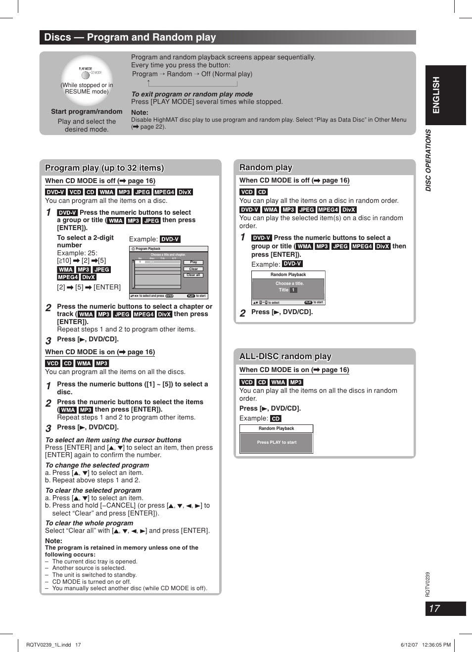 Discs — program and random play, Lang - 5 lang - 4 français dansk english, Program play (up to 32 items) | Random play, All-disc random play | Panasonic SC-VK960 User Manual | Page 17 / 40