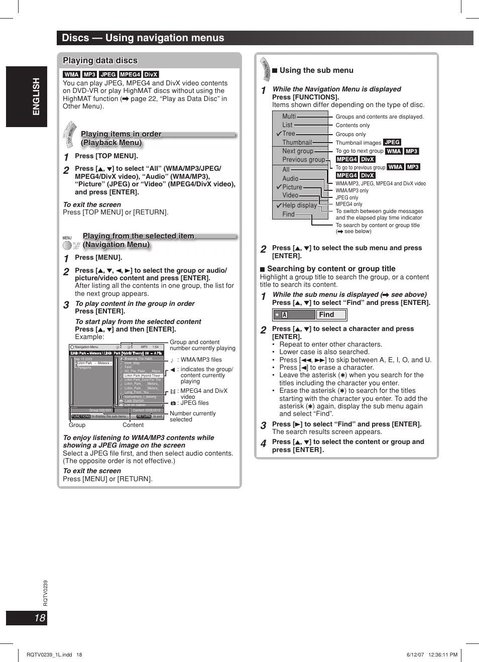 Discs — using navigation menus, Lang - 5 lang - 4 français dansk english, Playing data discs | Panasonic SC-VK960 User Manual | Page 18 / 40