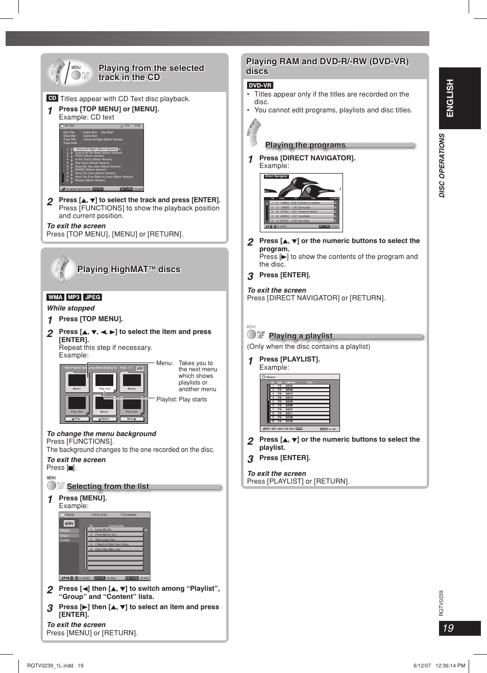 Lang - 5 lang - 4 français dansk english, Playing highmat, Discs | Selecting from the list, Playing the programs, Playing a playlist | Panasonic SC-VK960 User Manual | Page 19 / 40