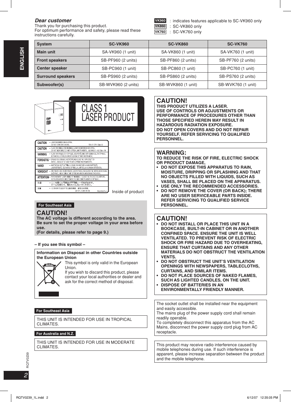 Caution, Warning, Lang - 5 lang - 4 français dansk english | Dear customer | Panasonic SC-VK960 User Manual | Page 2 / 40