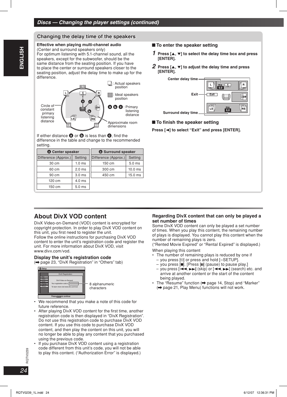 About divx vod content, Changing the delay time of the speakers, Display the unit’s registration code | Page 23, “divx registration” in “others” tab), Press [ 2 ] to select “exit” and press [enter | Panasonic SC-VK960 User Manual | Page 24 / 40