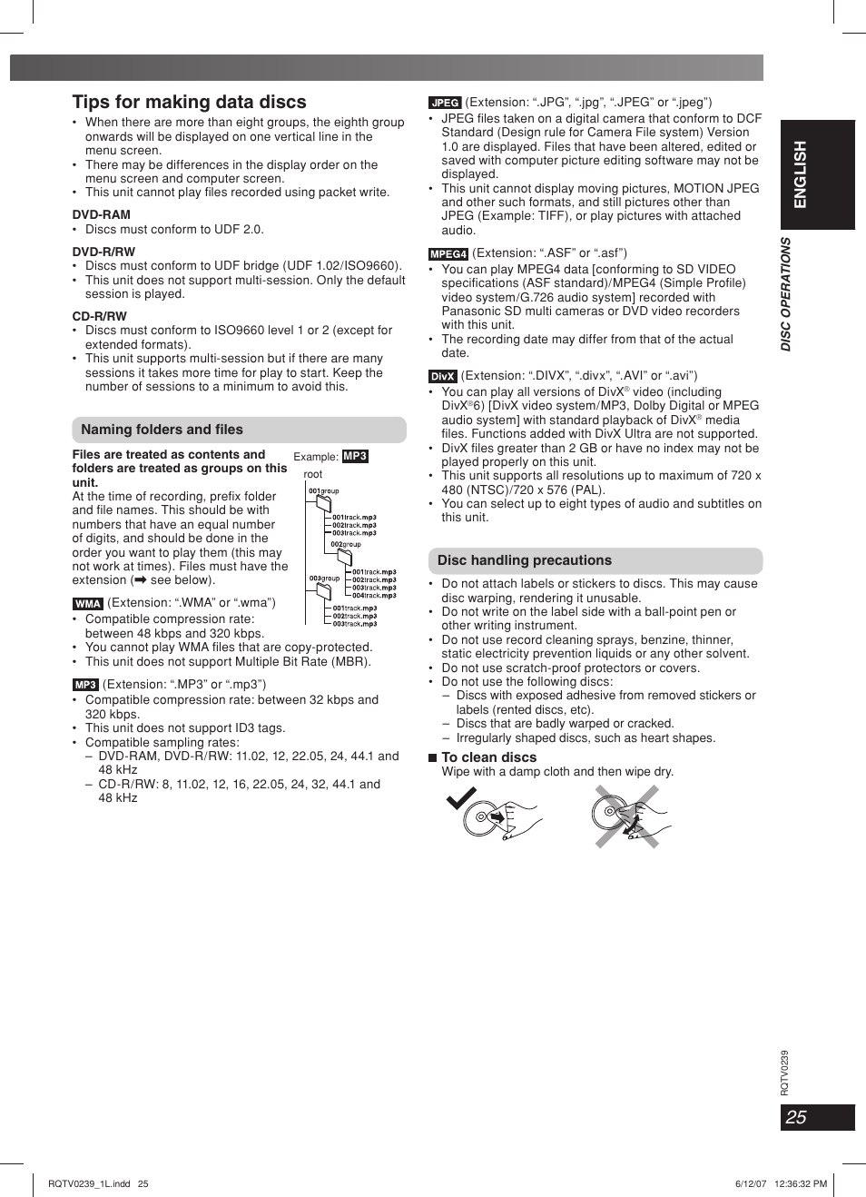 Tips for making data discs, Lang - 5 lang - 4 français dansk english | Panasonic SC-VK960 User Manual | Page 25 / 40