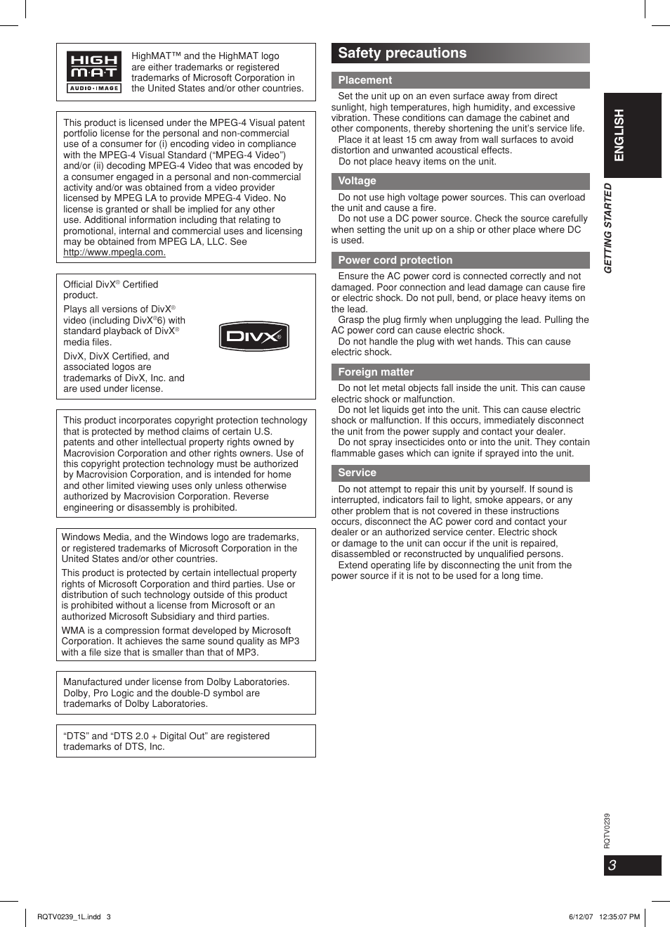 Safety precautions, Lang - 5 lang - 4 français dansk english | Panasonic SC-VK960 User Manual | Page 3 / 40