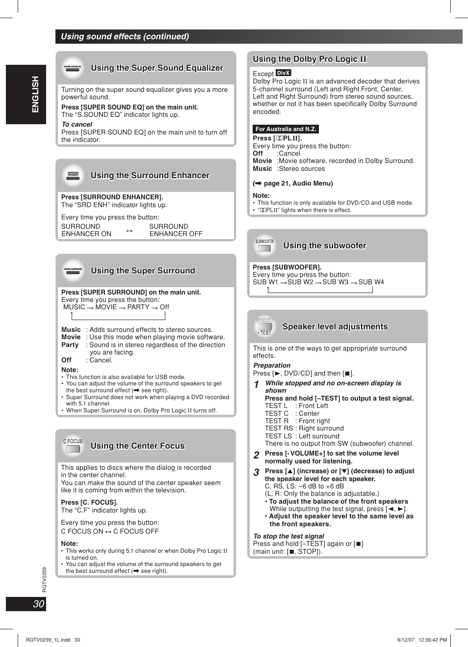 Using sound effects (continued), Using the super sound equalizer, Using the super surround | Using the surround enhancer, Using the center focus, Using the dolby pro logic, Using the dolby pro logic ii ii, Using the subwoofer | Panasonic SC-VK960 User Manual | Page 30 / 40