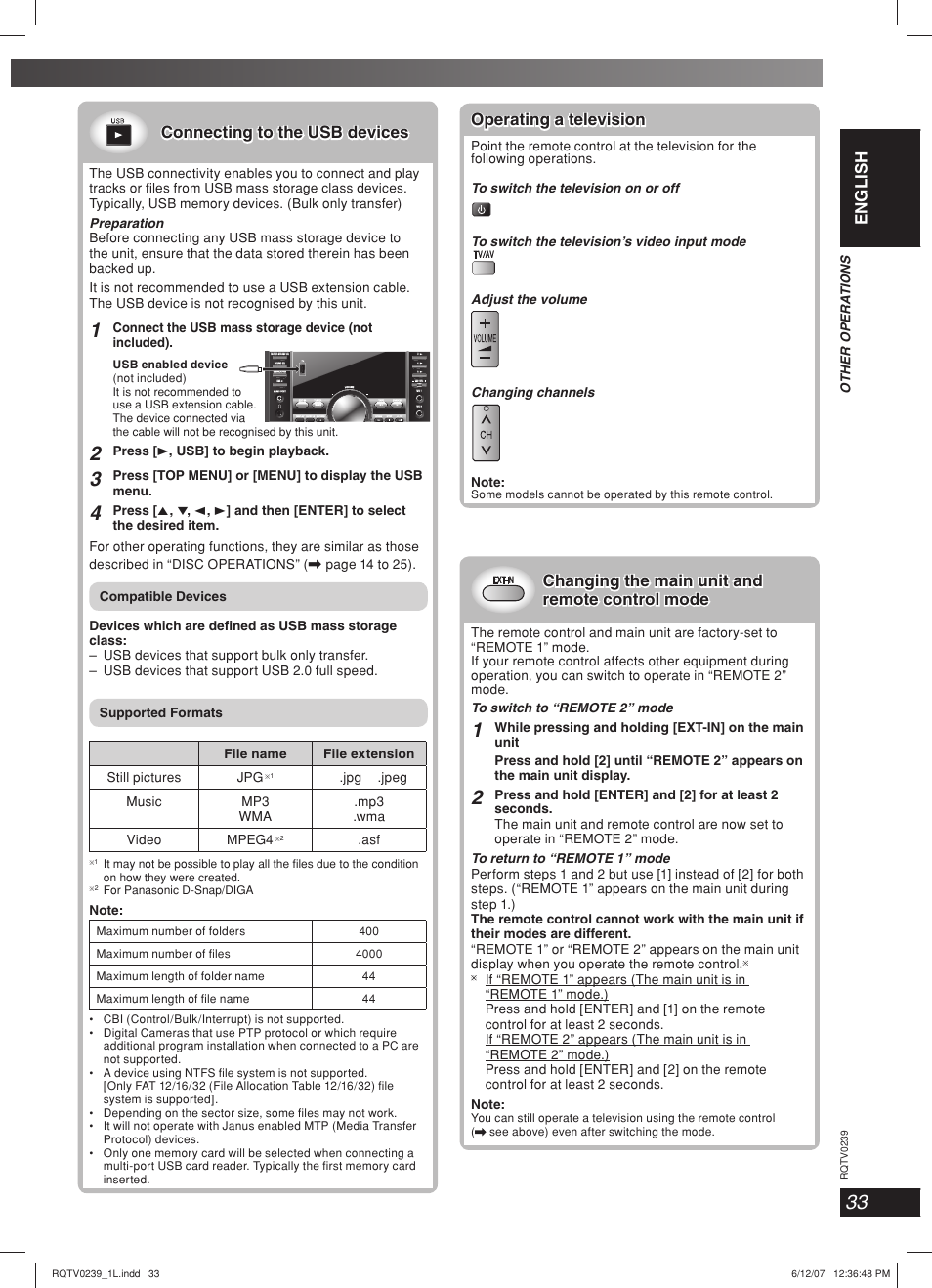 Lang - 5 lang - 4 français dansk english, Operating a television, Connecting to the usb devices | Panasonic SC-VK960 User Manual | Page 33 / 40