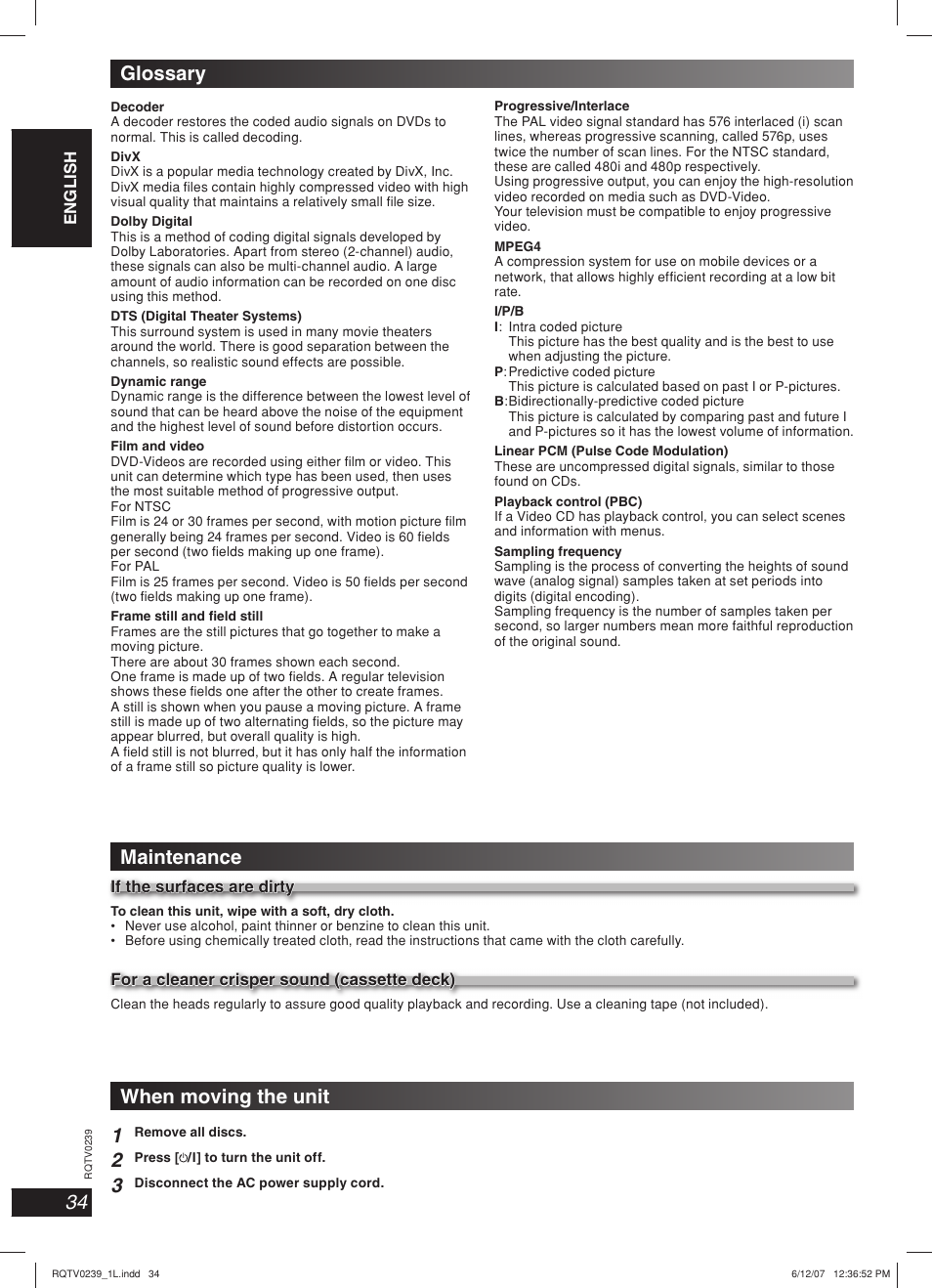 Glossary maintenance, When moving the unit 1 | Panasonic SC-VK960 User Manual | Page 34 / 40