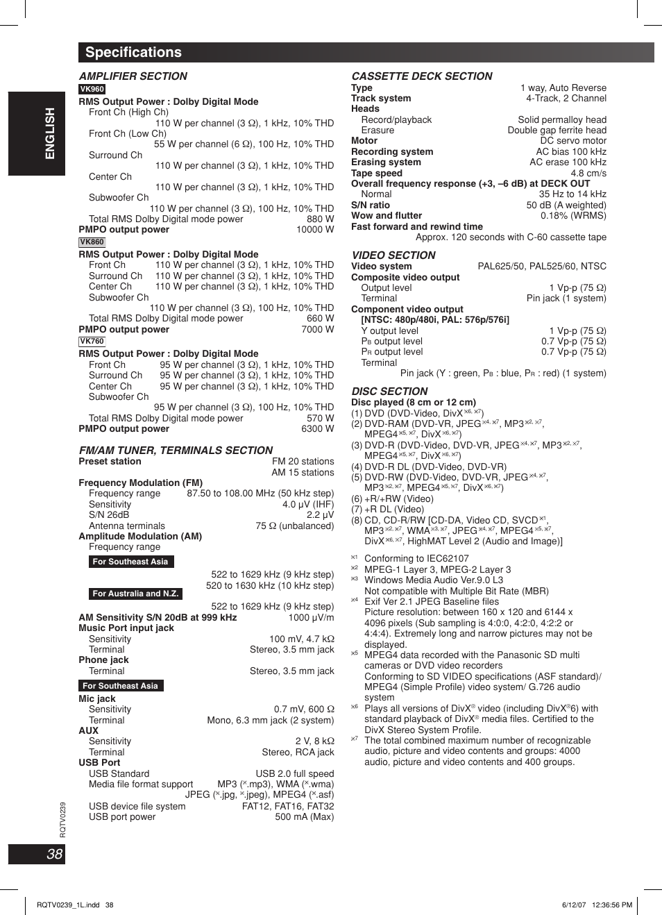 Specifi cations, Lang - 5 lang - 4 français dansk english | Panasonic SC-VK960 User Manual | Page 38 / 40