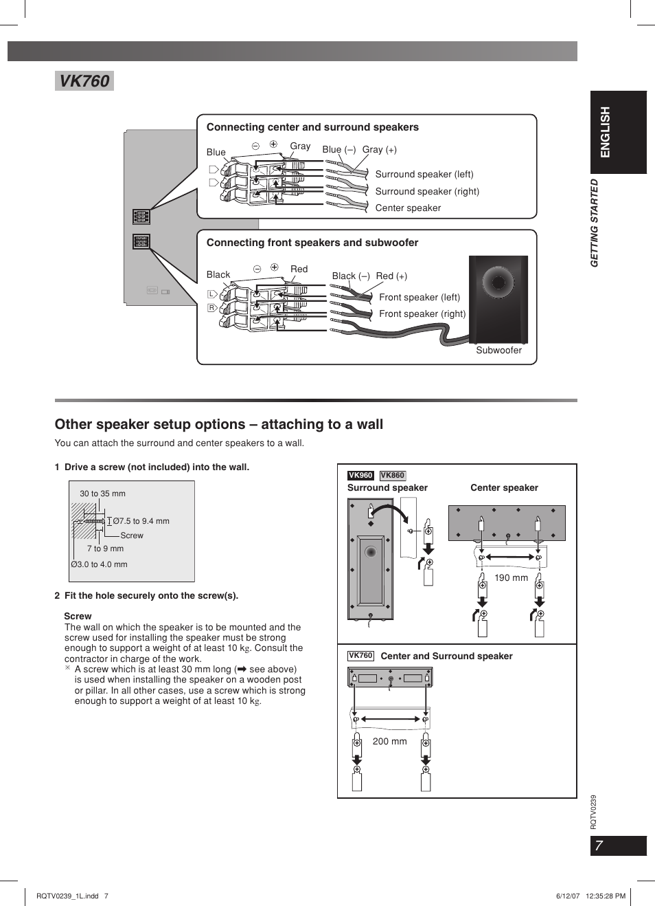Vk760, Other speaker setup options – attaching to a wall, Lang - 5 lang - 4 français dansk english | Panasonic SC-VK960 User Manual | Page 7 / 40
