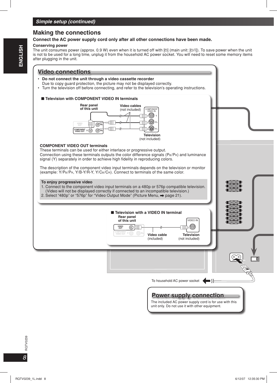 Video connections, Power supply connection, Making the connections | Lang - 5 lang - 4 français dansk english, Simple setup (continued) | Panasonic SC-VK960 User Manual | Page 8 / 40