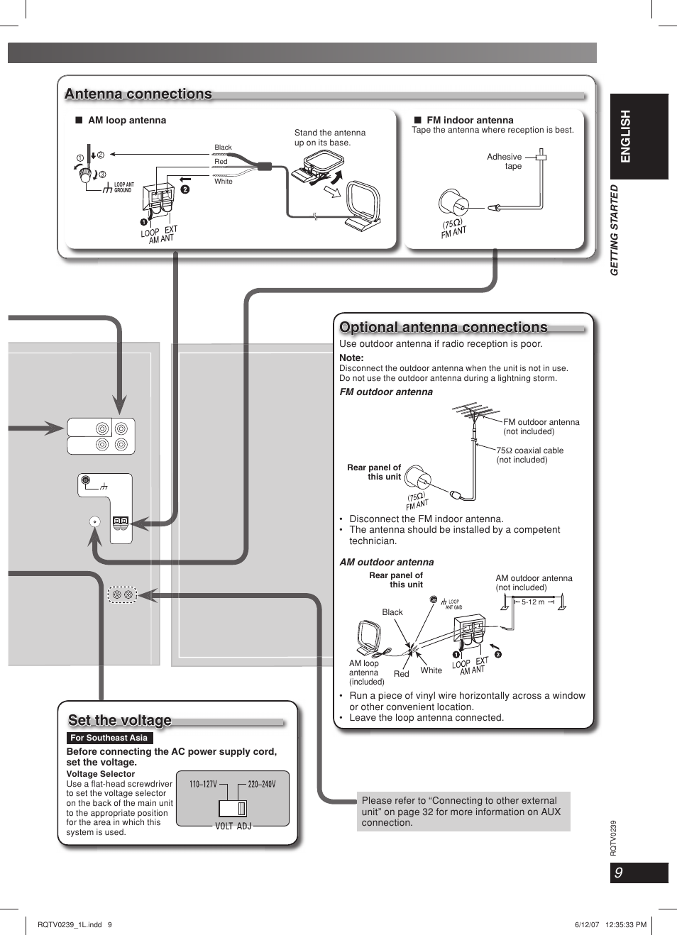 Set the voltage, Optional antenna connections, Antenna connections | Lang - 5 lang - 4 français dansk english | Panasonic SC-VK960 User Manual | Page 9 / 40