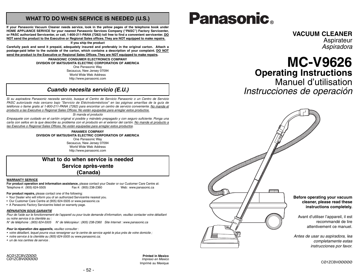 Panasonic MC-V9626 User Manual | 52 pages