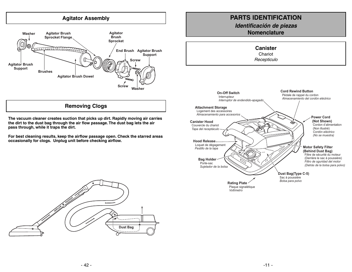 Parts identification, Identificación de piezas nomenclature, Removing clogs | Agitator assembly canister | Panasonic MC-V9626 User Manual | Page 11 / 52