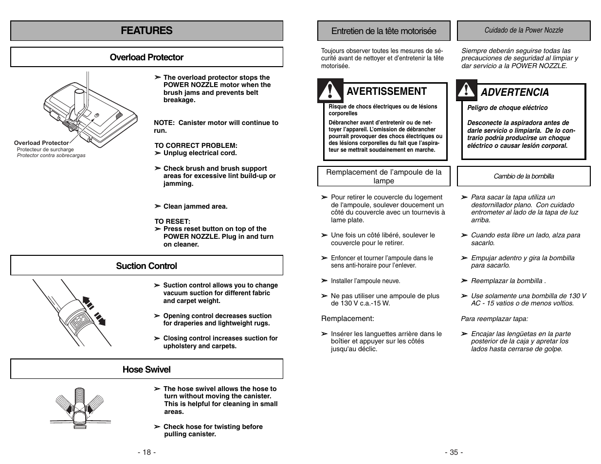 Features, Overload protector, Suction control | Hose swivel, Advertencia, Avertissement | Panasonic MC-V9626 User Manual | Page 18 / 52