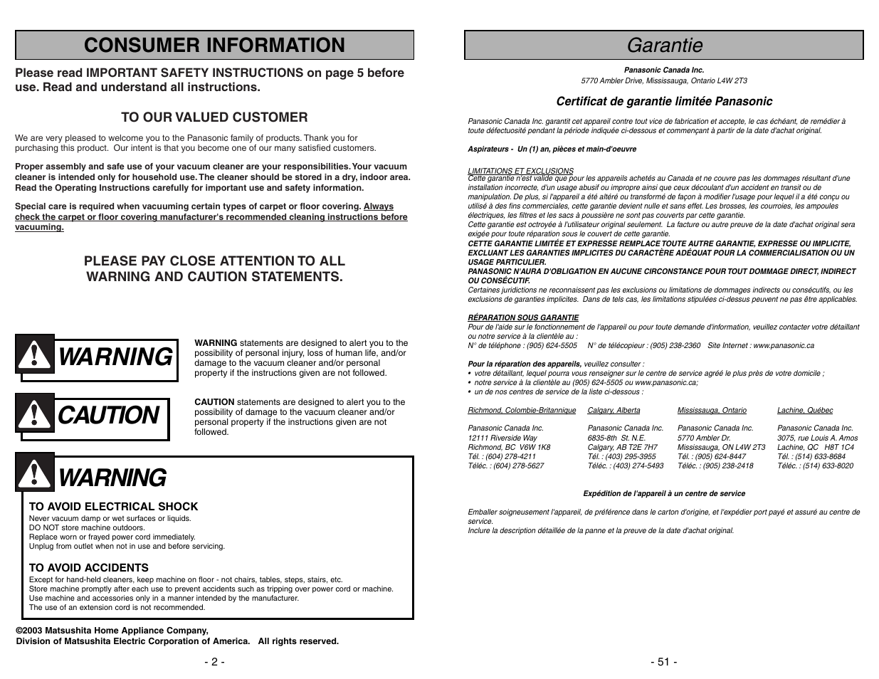 Consumer information, Warning, Caution | Garantie | Panasonic MC-V9626 User Manual | Page 2 / 52