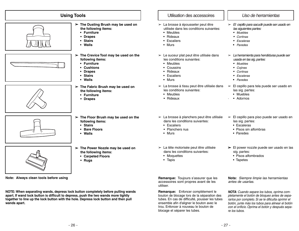 Uso de herramientas utilisation des accessoires, Using tools | Panasonic MC-V9626 User Manual | Page 26 / 52