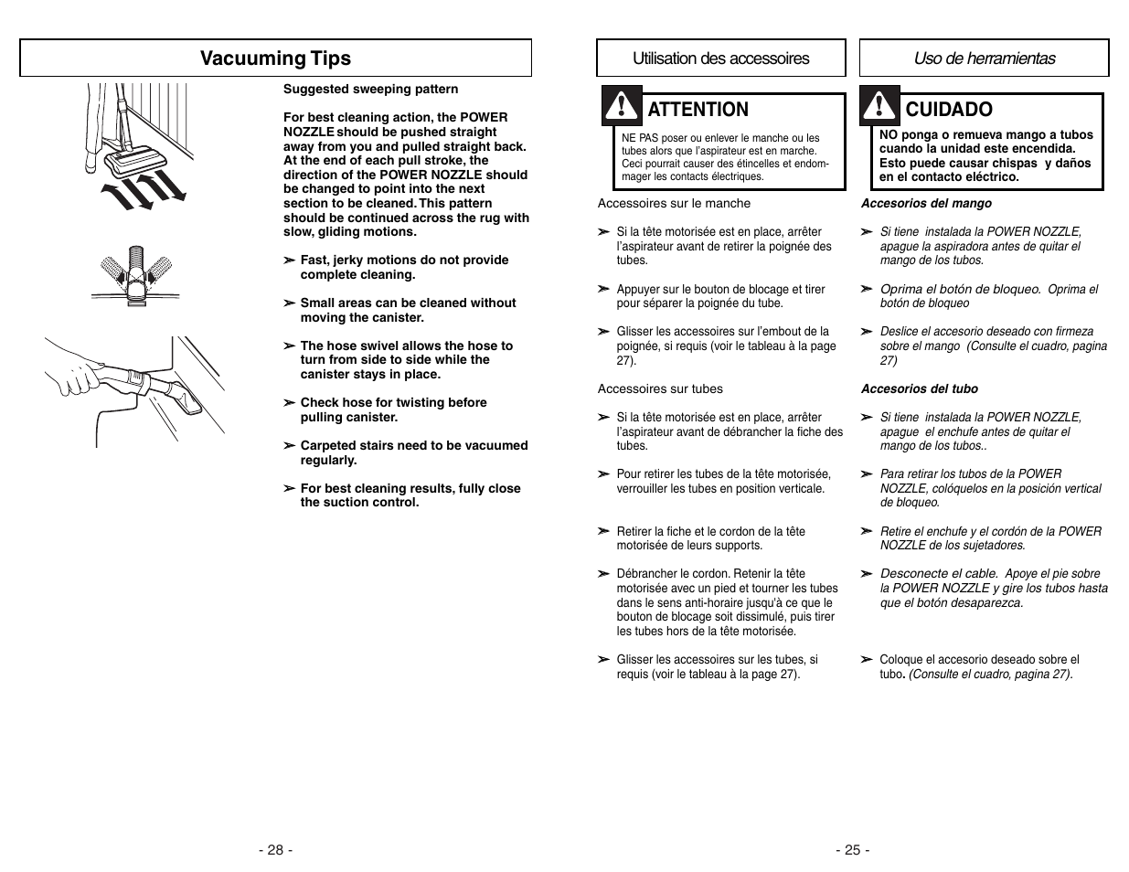 Vacuuming tips, Attention, Cuidado | Panasonic MC-V9626 User Manual | Page 28 / 52