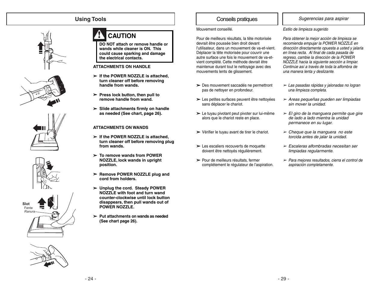 Conseils pratiques, Sugerencias para aspirar, Caution | Panasonic MC-V9626 User Manual | Page 29 / 52