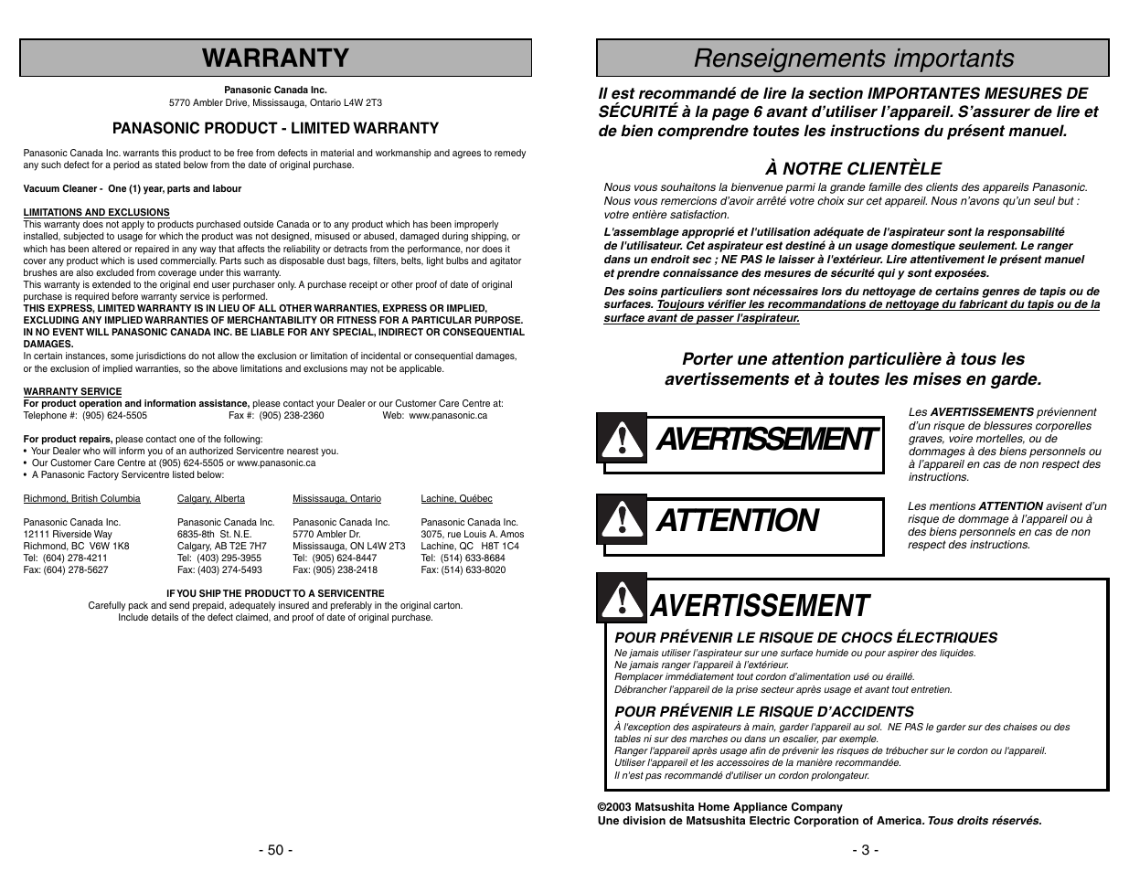Renseignements importants, Attention, Avertissement | Warranty, À notre clientèle | Panasonic MC-V9626 User Manual | Page 3 / 52
