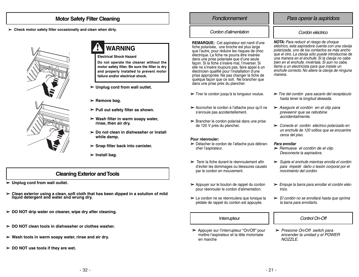 Motor safety filter cleaning, Cleaning exterior and tools, Warning | Panasonic MC-V9626 User Manual | Page 32 / 52