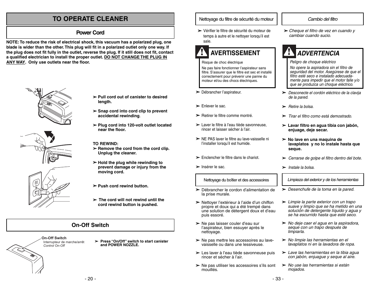 Nettoyage du filtre de securite du moteur, Nettoyage du boitier et des accessoires, Cambio del filtro | Limpieza del exterior y del los herramientas, Advertencia, Avertissement, Power cord, On-off switch | Panasonic MC-V9626 User Manual | Page 33 / 52