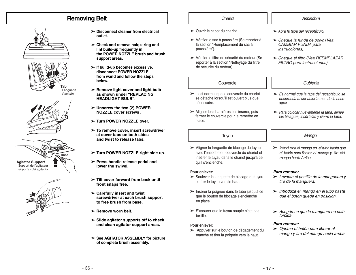 Removing belt | Panasonic MC-V9626 User Manual | Page 36 / 52