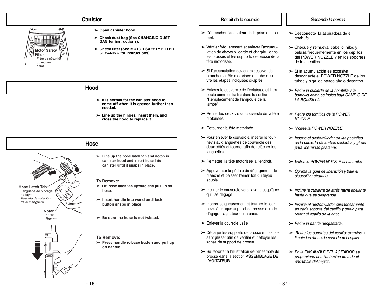 Retrait de la courroie, Sacando la correa, Canister hood hose | Panasonic MC-V9626 User Manual | Page 37 / 52