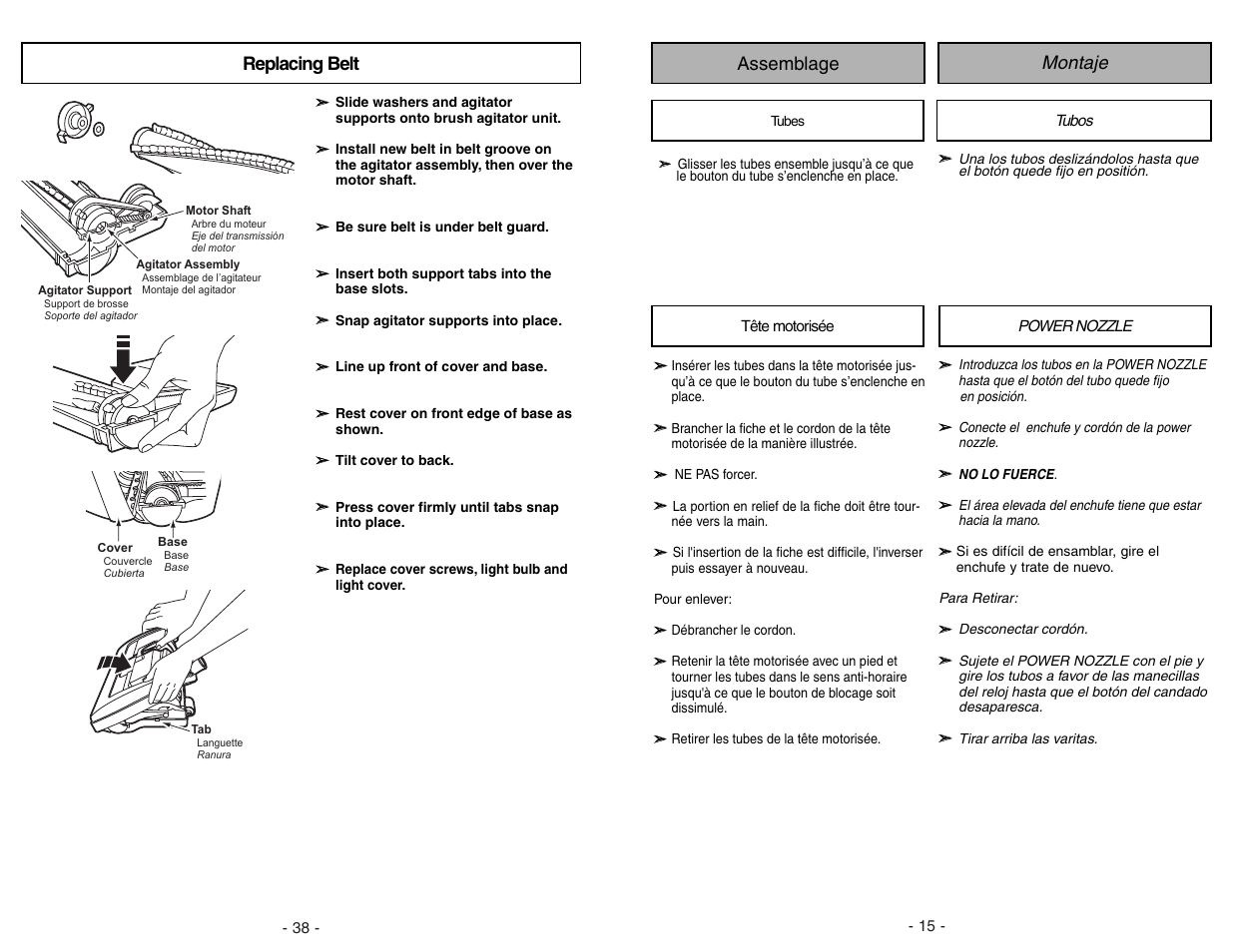 Replacing belt, Montaje assemblage | Panasonic MC-V9626 User Manual | Page 38 / 52