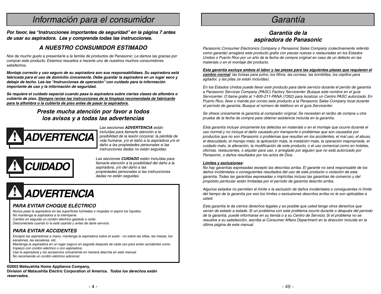 Informacion para consumidor, Advertencia, Cuidado | Garantía, Información para el consumidor | Panasonic MC-V9626 User Manual | Page 4 / 52