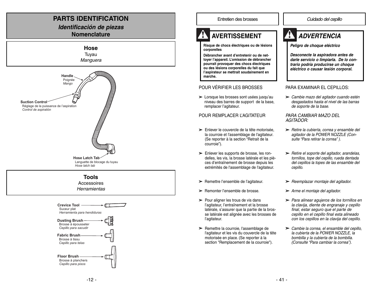 Entretien des brosses, Cuidado del cepillo, Advertencia | Avertissement, Parts identification, Identificación de piezas nomenclature, Hose, Tools | Panasonic MC-V9626 User Manual | Page 41 / 52