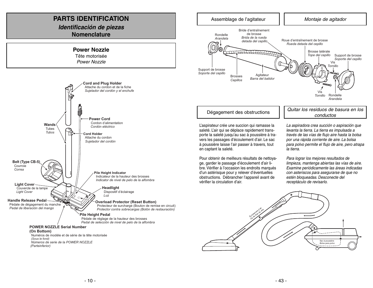 Assemblage de l'agitateur, Degagement des obstructions, Montaje de agitador | Quitar de los residuos de basura en los conductos, Parts identification, Identificación de piezas nomenclature, Power nozzle | Panasonic MC-V9626 User Manual | Page 43 / 52