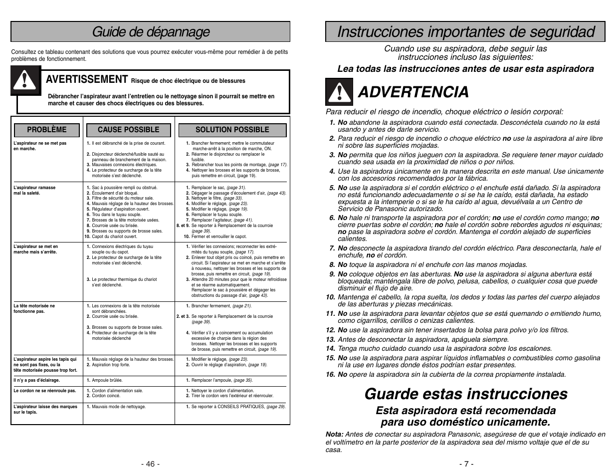 Guide de depannage, Instrucciones importantes de seguridad, Advertencia | Guarde estas instrucciones, Guide de dépannage, Avertissement | Panasonic MC-V9626 User Manual | Page 46 / 52