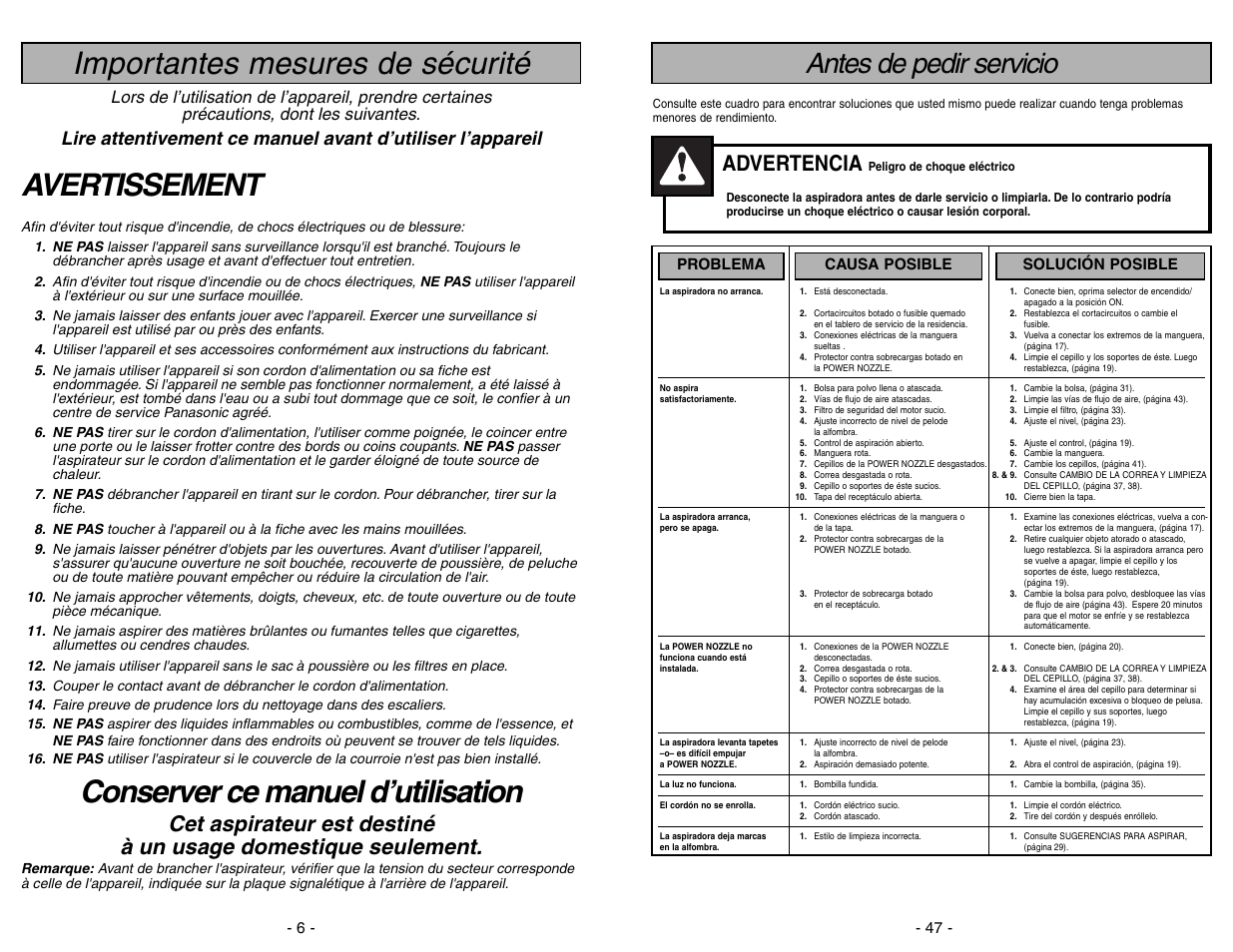 Antes de pedir servicio, Importantes mesures de sécurité, Avertissement | Conserver ce manuel d’utilisation, Advertencia | Panasonic MC-V9626 User Manual | Page 47 / 52