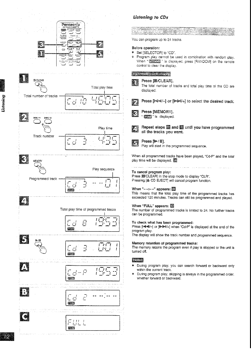 Ui f i, Press p/clear, Press or to select the desired track | Press [memory, Press [^/ ib, Cd .cì3 | Panasonic RX-DT39 User Manual | Page 12 / 20