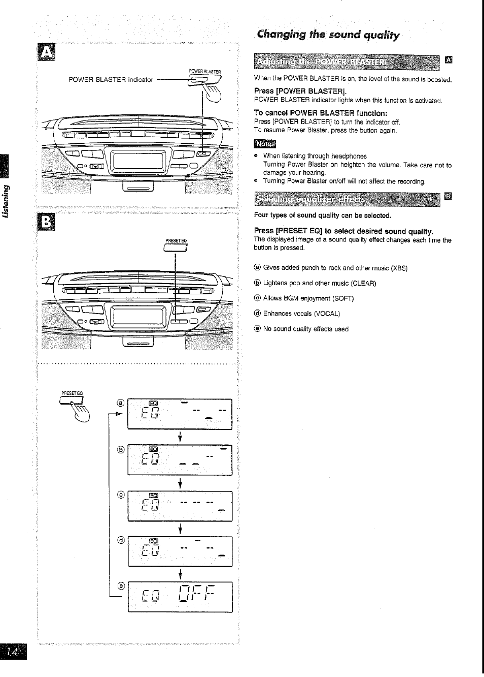 Press [power blaster, To cancel power blaster ftinciion, Press [preset eq] to select desired sound quality | Changing the, sound- quality | Panasonic RX-DT39 User Manual | Page 14 / 20