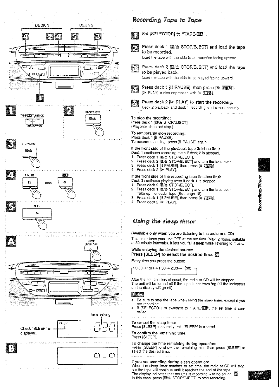 Recording tape to tape, Using the sleep timer | Panasonic RX-DT39 User Manual | Page 17 / 20