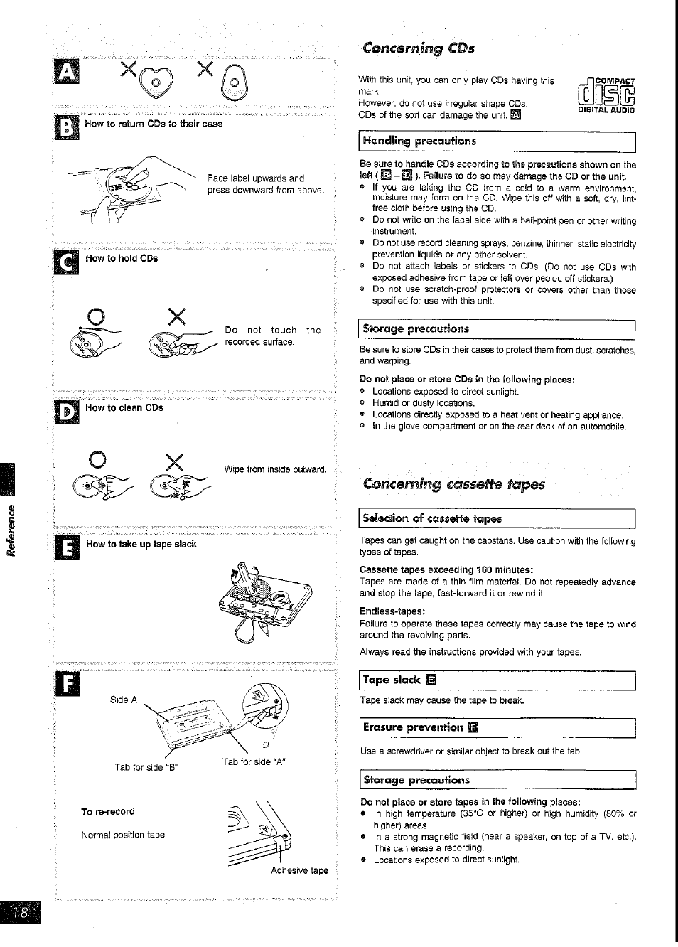 Concerning cds, C&ncemmg casseñe tapes | Panasonic RX-DT39 User Manual | Page 18 / 20