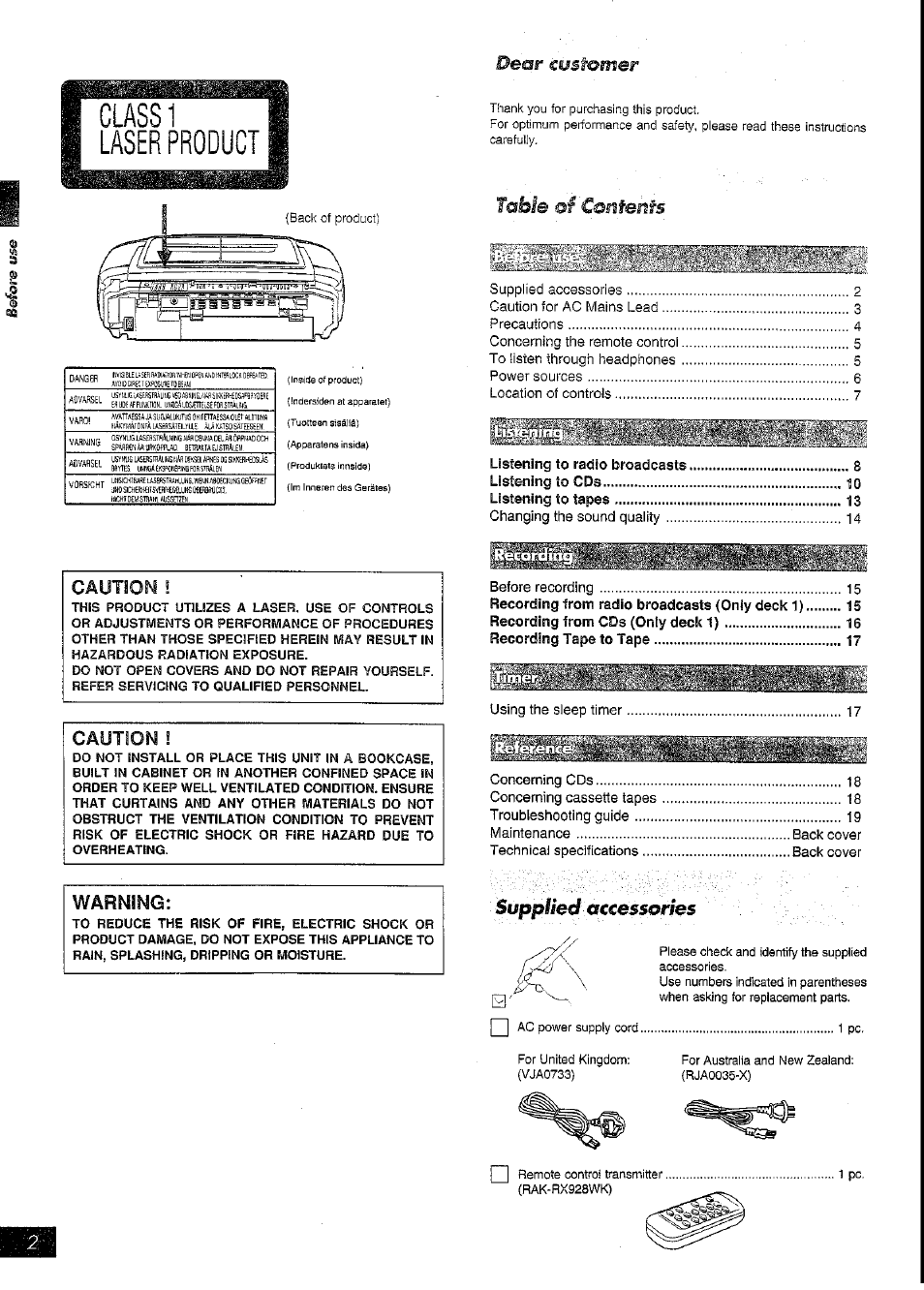 Laser product, Supplied accessories, Caution i | Cautiom i, Dear cmfomer, Table of coiifenis, Warning | Panasonic RX-DT39 User Manual | Page 2 / 20