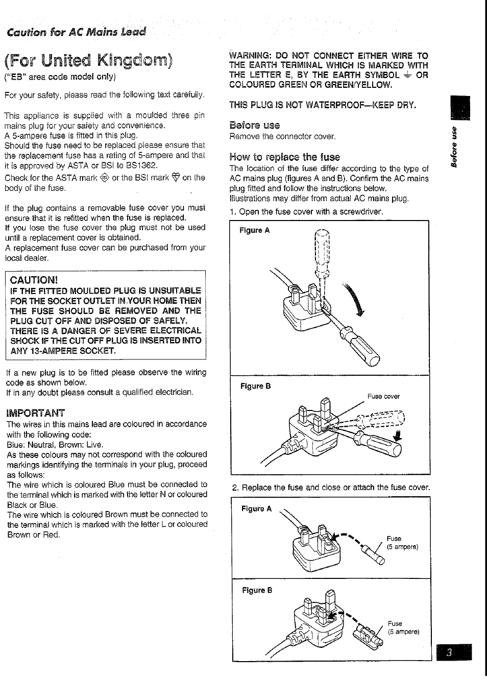 United kingdom), Caution for, C malm lead | Cautions, Important, Before use, How to replace the fuse | Panasonic RX-DT39 User Manual | Page 3 / 20