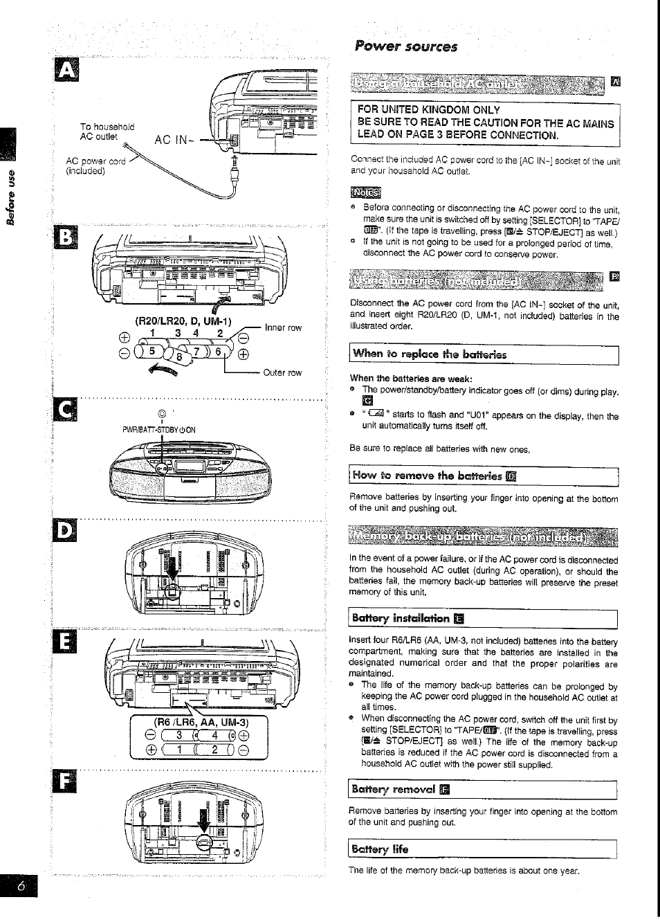 R20/lr20,d um-1), For united kingdom only, Be sure to read the caution for the ac mains | Whâsi to repicace the bcaffenes, When the batteries are weak, How t© remove the bcssterses 0, Battery snstailation, Baitery removal, Bohery life, Gozo | Panasonic RX-DT39 User Manual | Page 6 / 20