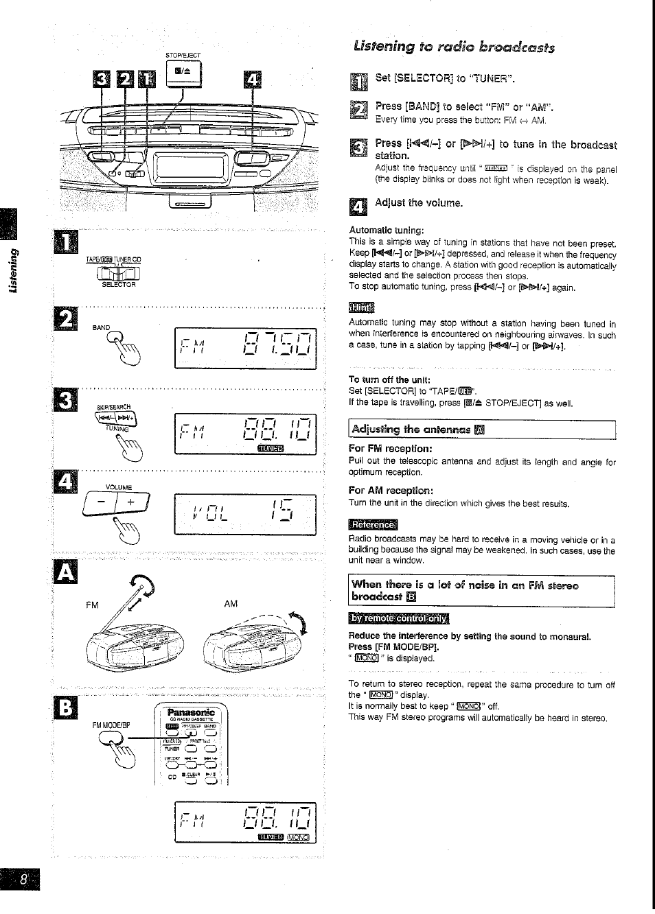Ff set [selector] to “tuner, Press [band] to select “fivì” or, Press [n^/-] or to tune in the broadcast | Station, Adjust the volume, Automatic tuning, Adfustirag caiiter^nas p, For fm reception, For ar/i reception, Ui- d u | Panasonic RX-DT39 User Manual | Page 8 / 20