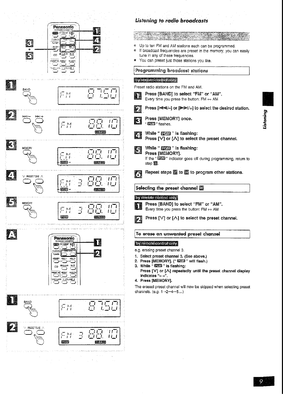 Press or to select the desired station, Press [memory] once, While “ ” is flashing | Press [v] or [a] to select she preset channel, While 