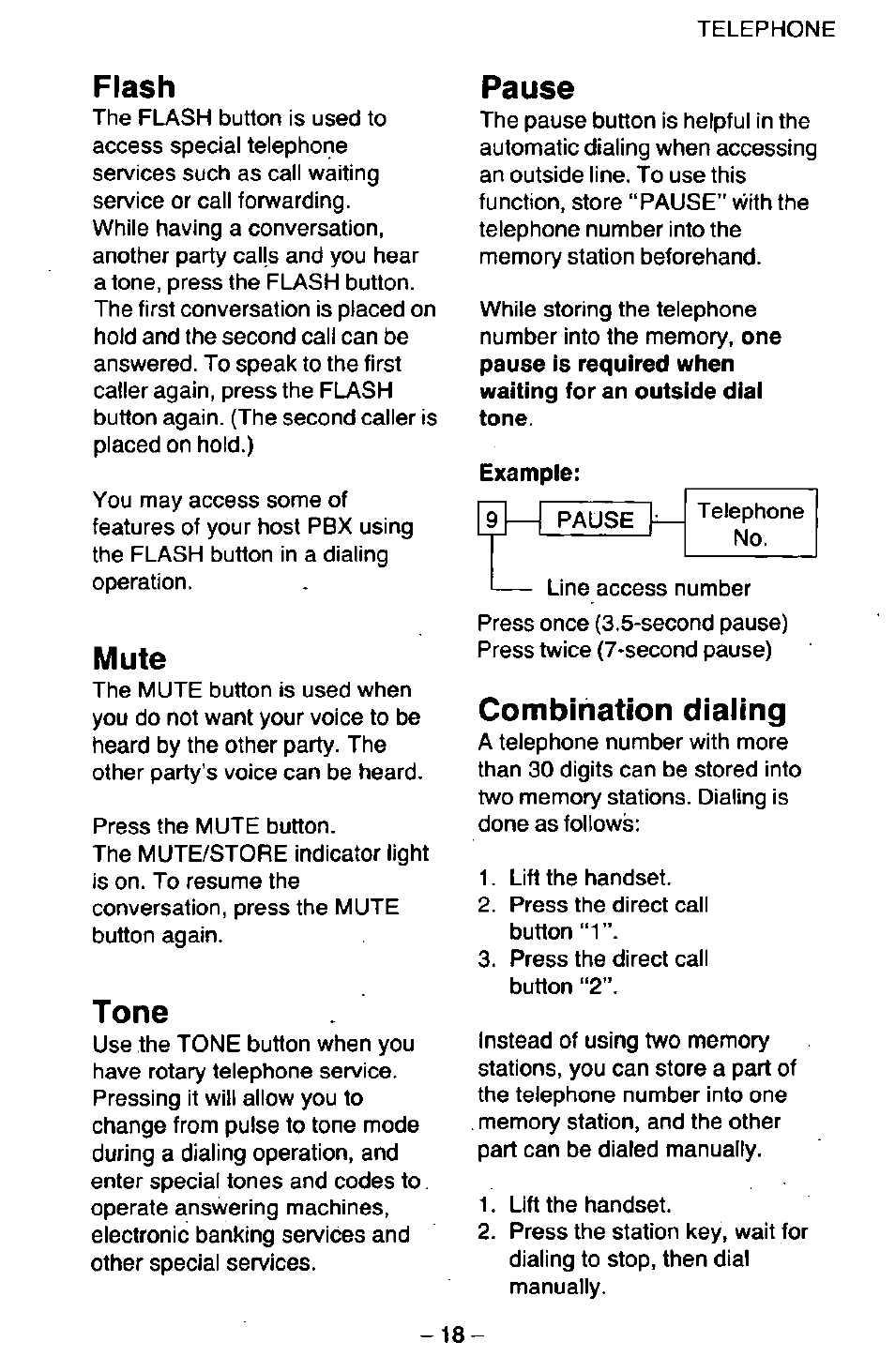 Flash, Mute, Tone | Pause, Combination diaiing | Panasonic KX-T2395D-W User Manual | Page 25 / 54