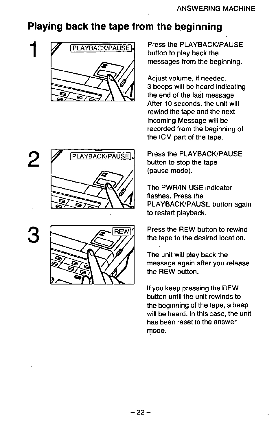 Playing back the tape from the beginning | Panasonic KX-T2395D-W User Manual | Page 29 / 54