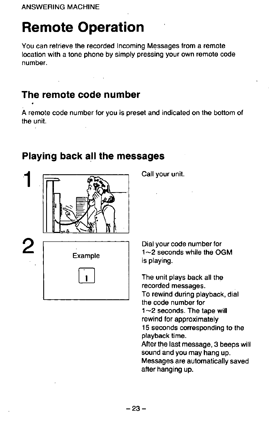 Remote operation, The remote code number, Playing back all the messages | Panasonic KX-T2395D-W User Manual | Page 30 / 54