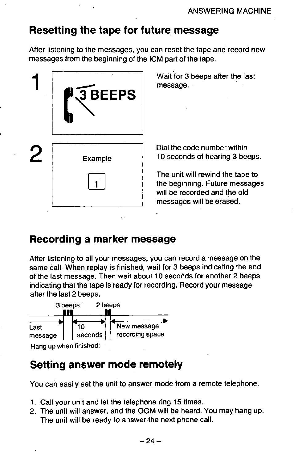 Resetting the tape for future message, Recording a marker message, Setting answer mode remotely | Panasonic KX-T2395D-W User Manual | Page 31 / 54