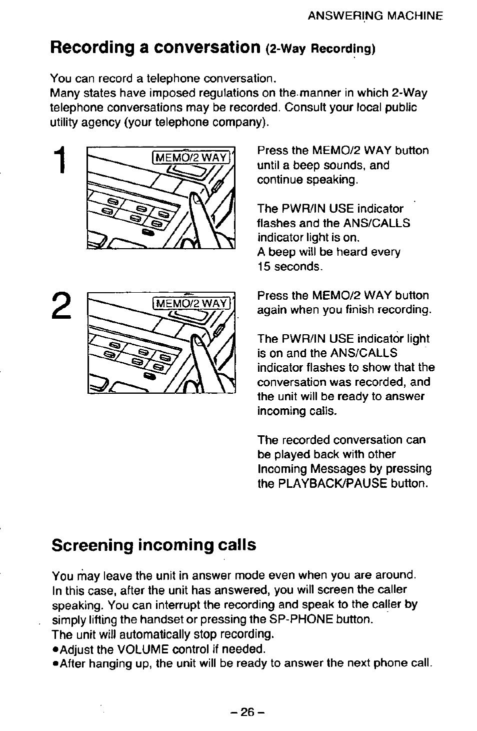 Recording a conversation, Screening incoming calls | Panasonic KX-T2395D-W User Manual | Page 33 / 54