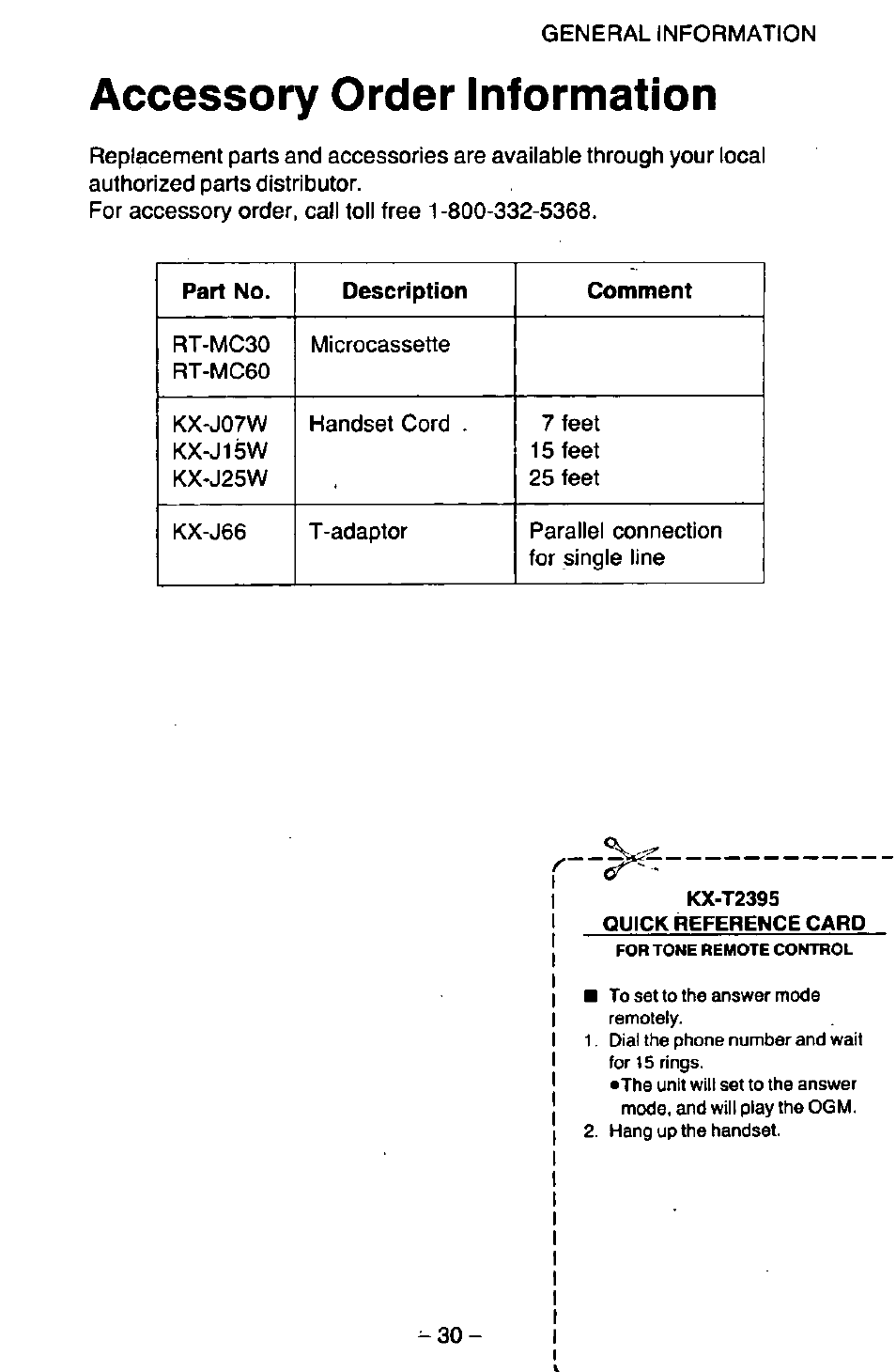 Accessory order information | Panasonic KX-T2395D-W User Manual | Page 37 / 54