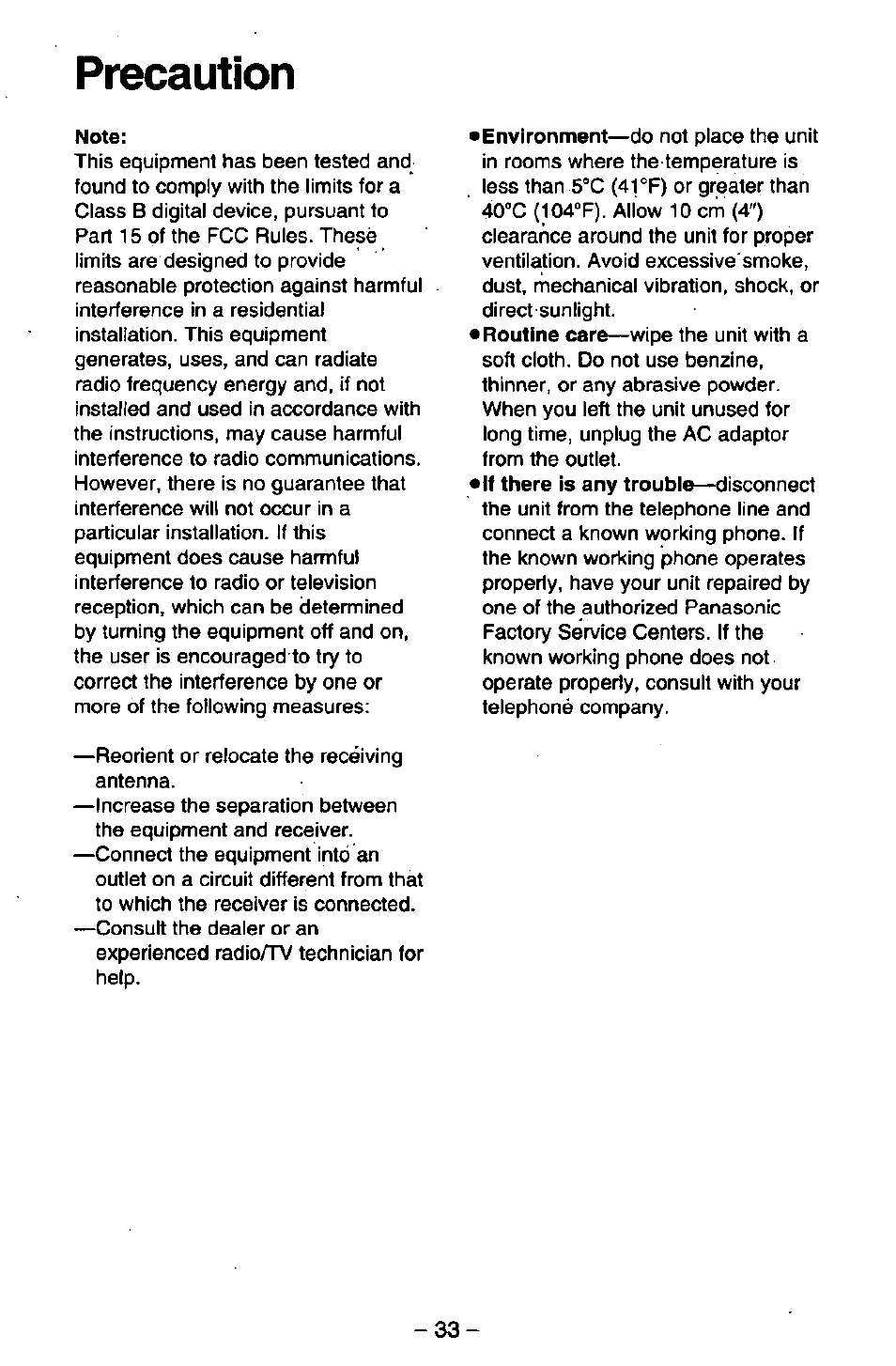 Precaution | Panasonic KX-T2395D-W User Manual | Page 40 / 54